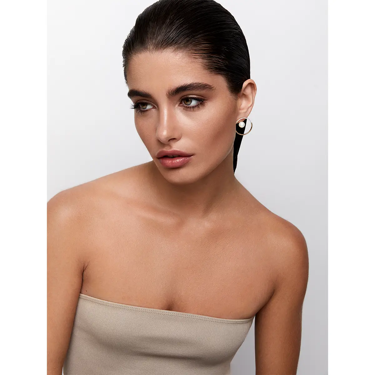 14K Gold Half Moon Floating Pearl Hoop - Image 3