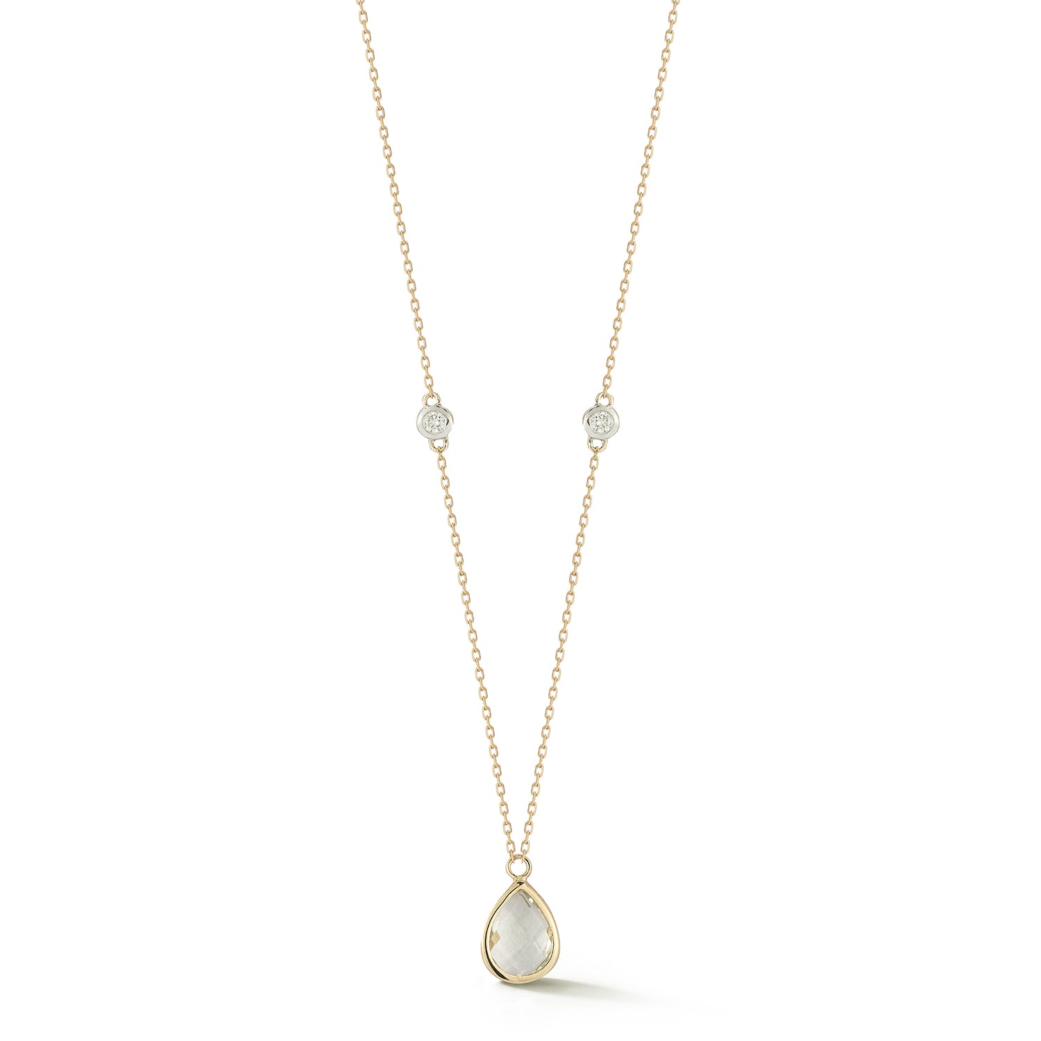 14kt Green Amethyst Pear and Diamond Bezel Necklace