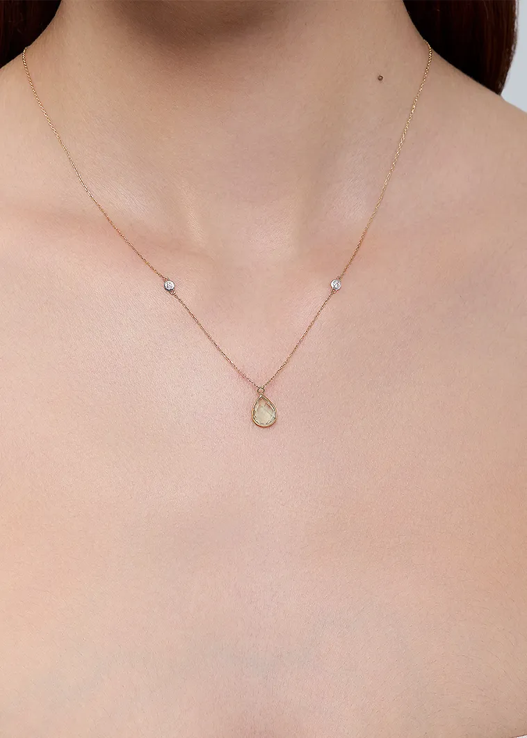 14kt Green Amethyst Pear and Diamond Bezel Necklace - Image 3