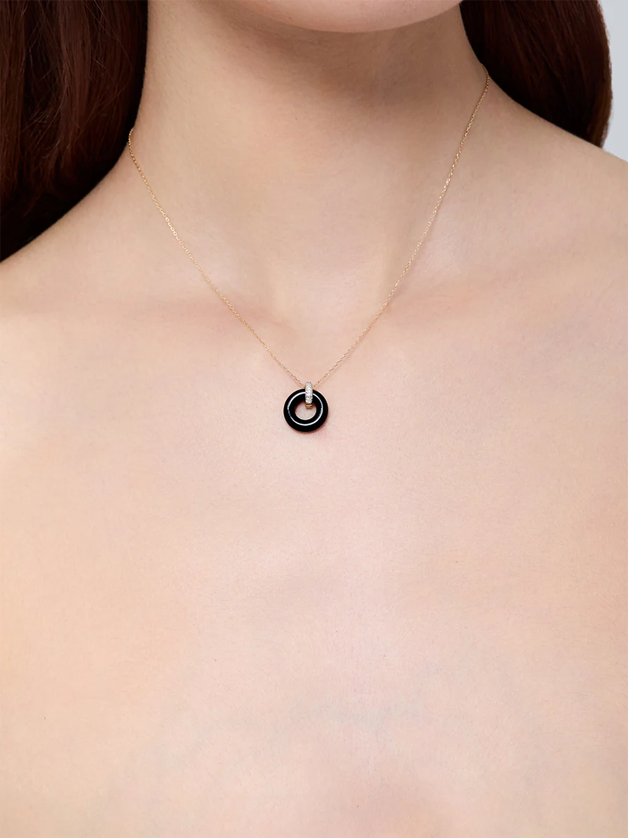 14kt Onyx Donut and Diamond Door Knocker Necklace - Image 4