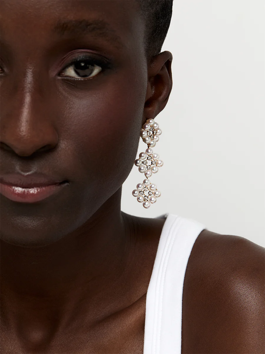 14kt Pearls and Diamond Cluster Drop Earrings - Image 2