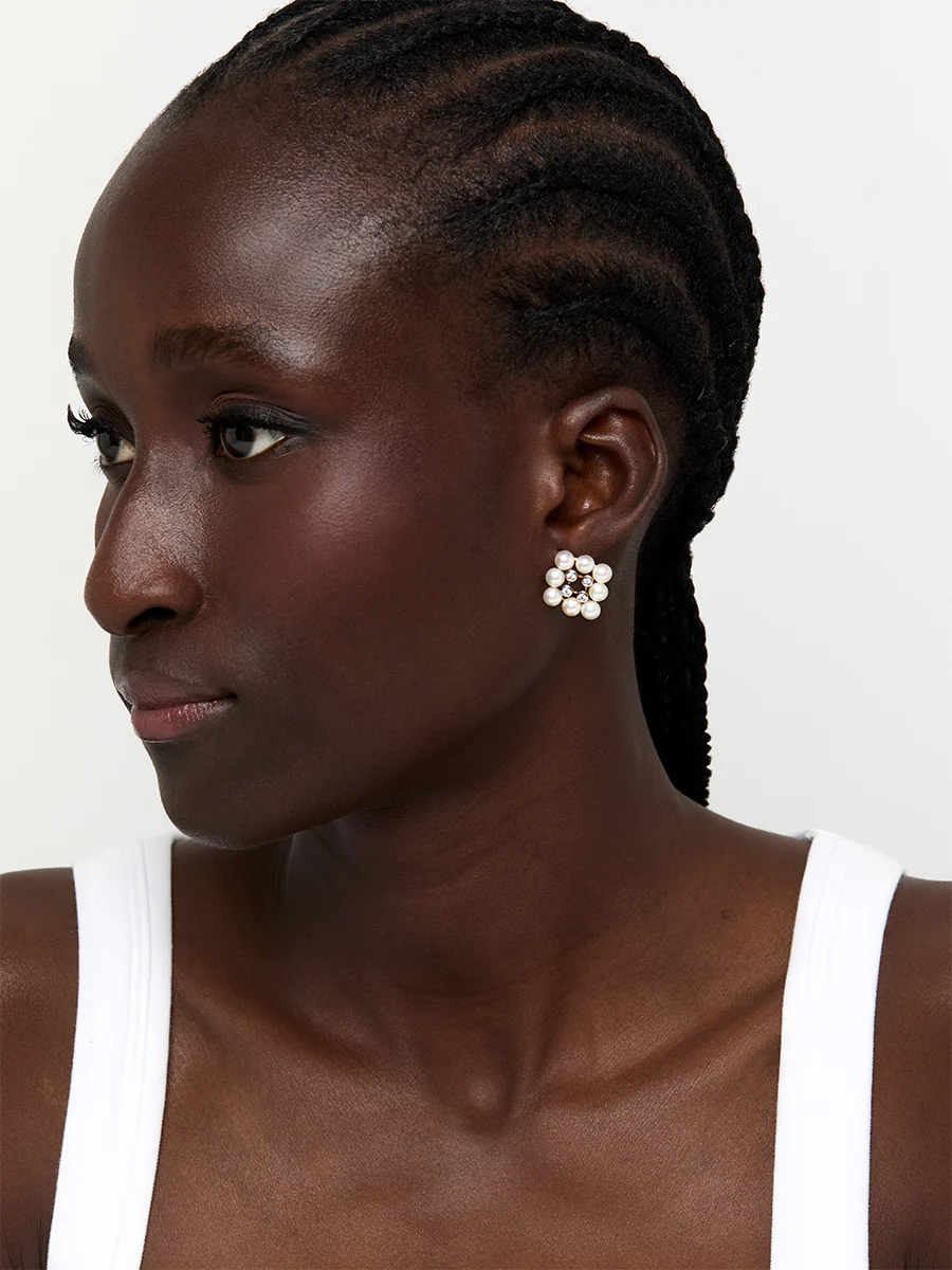 14kt Pearls and Diamond Cluster Stud Earrings - Image 2