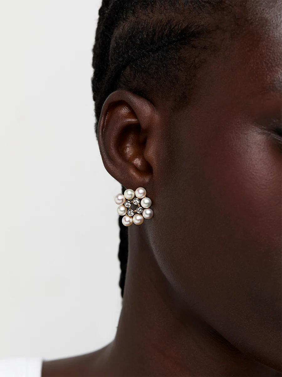 14kt Pearls and Diamond Cluster Stud Earrings - Image 3