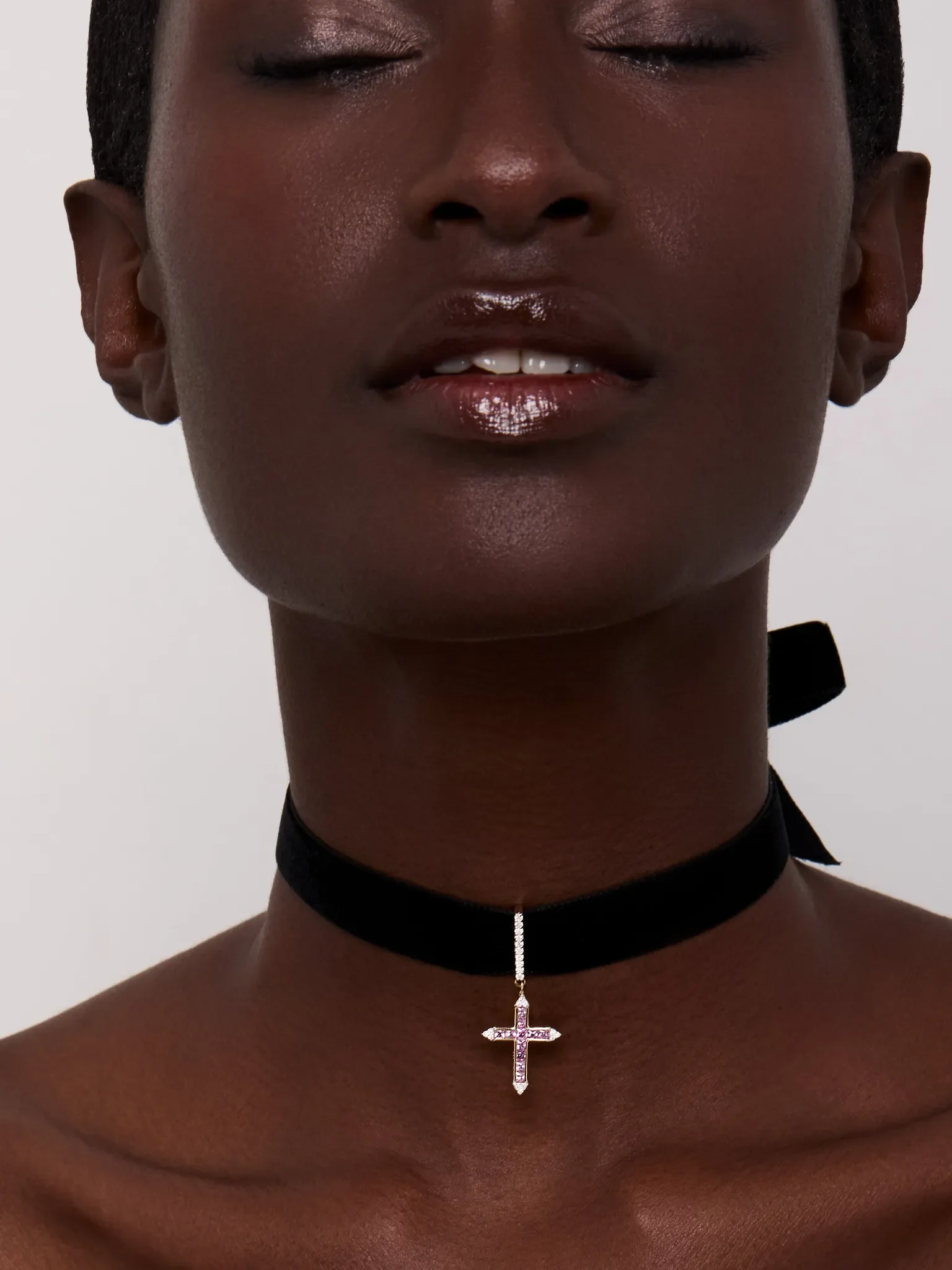 14kt Pink Sapphire and Diamond Cross Black Velvet Choker - Image 3