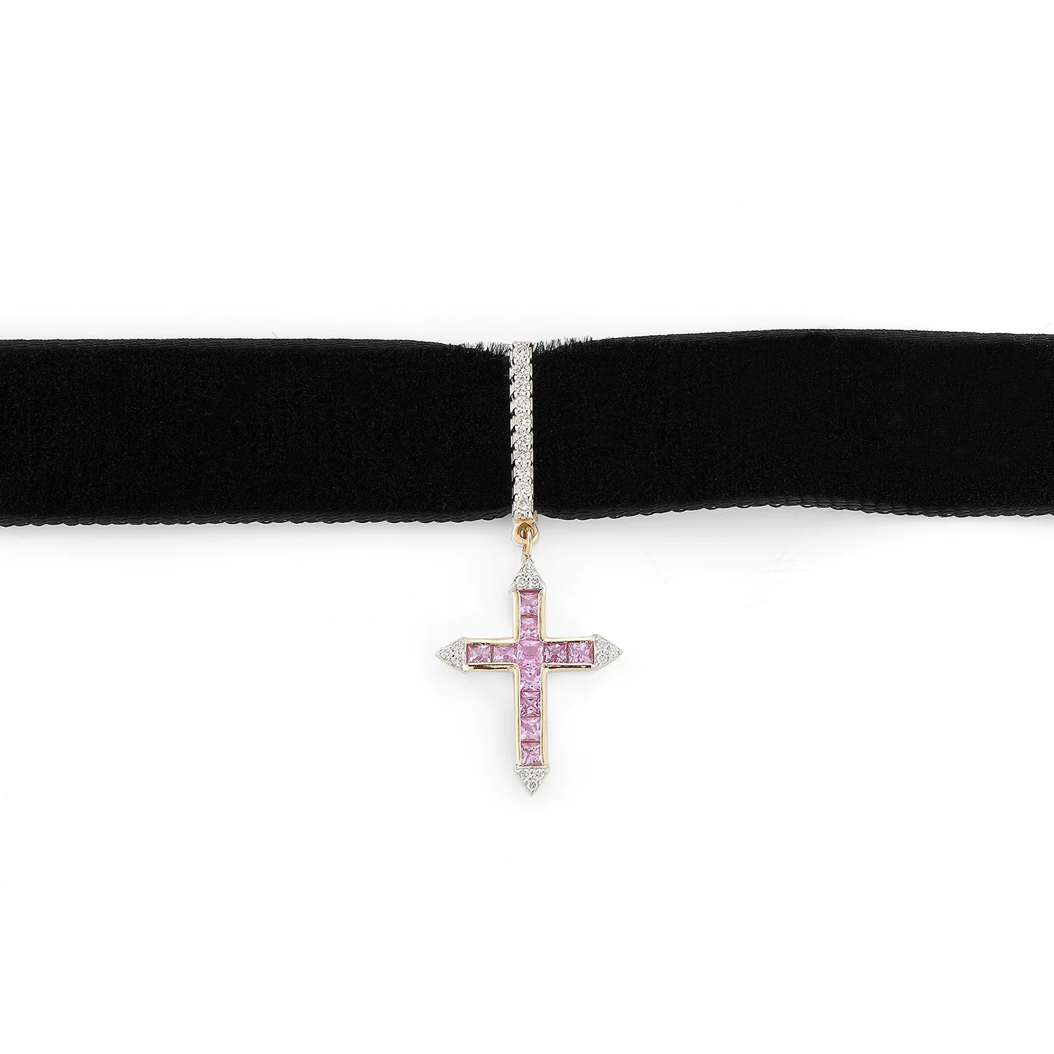 14kt Pink Sapphire and Diamond Cross Black Velvet Choker - Image 4