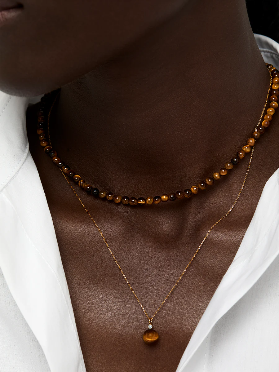 14kt Tigers Eye Diamond Dot Necklace - Image 5