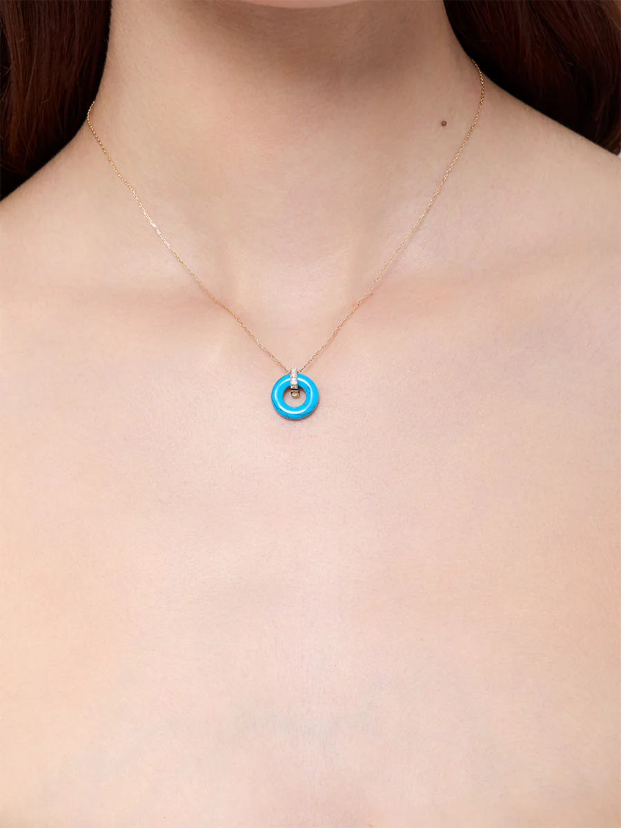 14kt Turquoise Donut and Diamond Door Knocker Necklace - Image 2