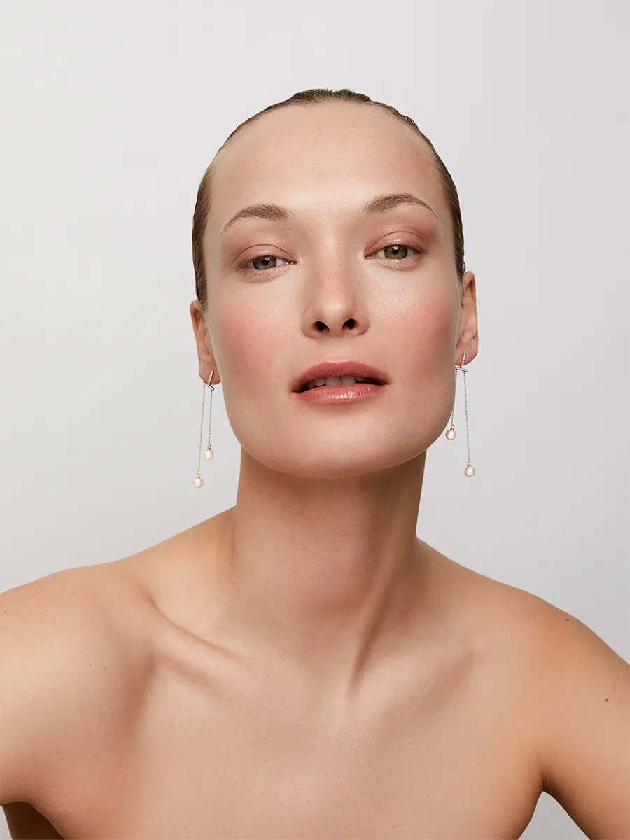 14kt Gold Diamond Bar Duo Pearl Drop Earring - Image 2