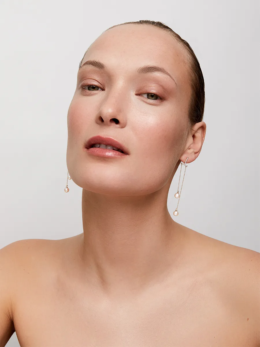 14kt Gold Diamond Bar Duo Pearl Drop Earring - Image 3