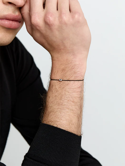 Platinum and Diamond Baguette on Black Nylon Cord Bracelet - Image 2