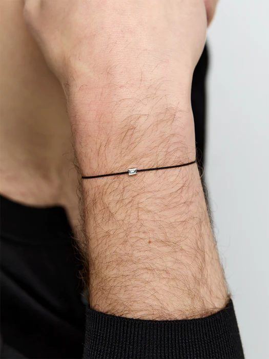 Platinum and Diamond Baguette on Black Nylon Cord Bracelet - Image 3